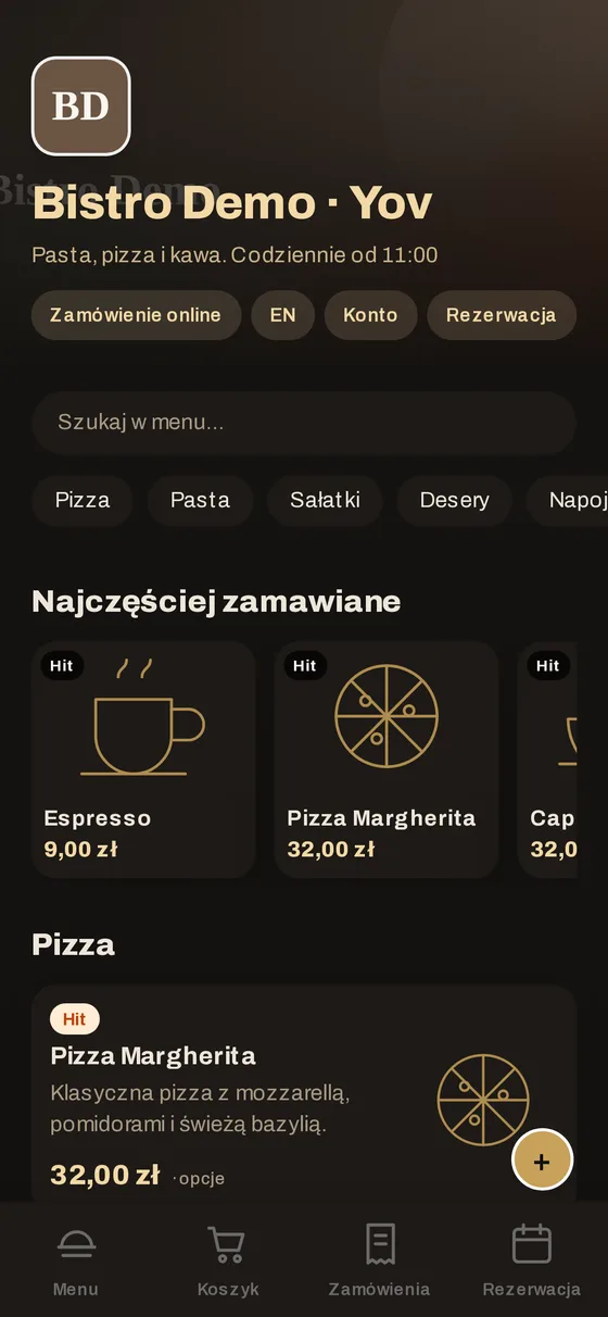 Menu restauracji otwarte w telefonie: nazwa lokalu, wyszukiwarka, kategorie i dania z cenami
